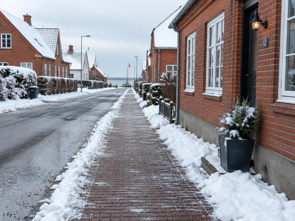 Nyryddet og saltet fortov i en dansk kystby om vinteren