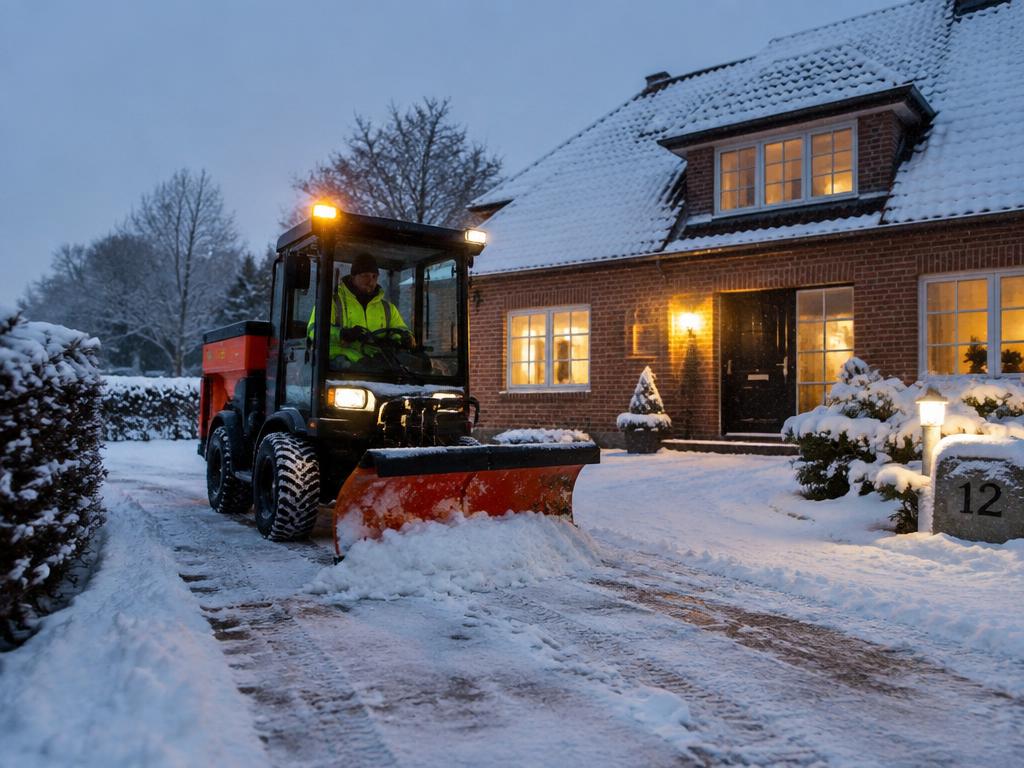 Snerydder rydder en indkørsel ved en dansk villa i daggry